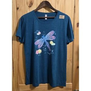 Womens Dragonfly T Shirt Size XL Dark Teal Blue Short Sleeve Crew Neck
